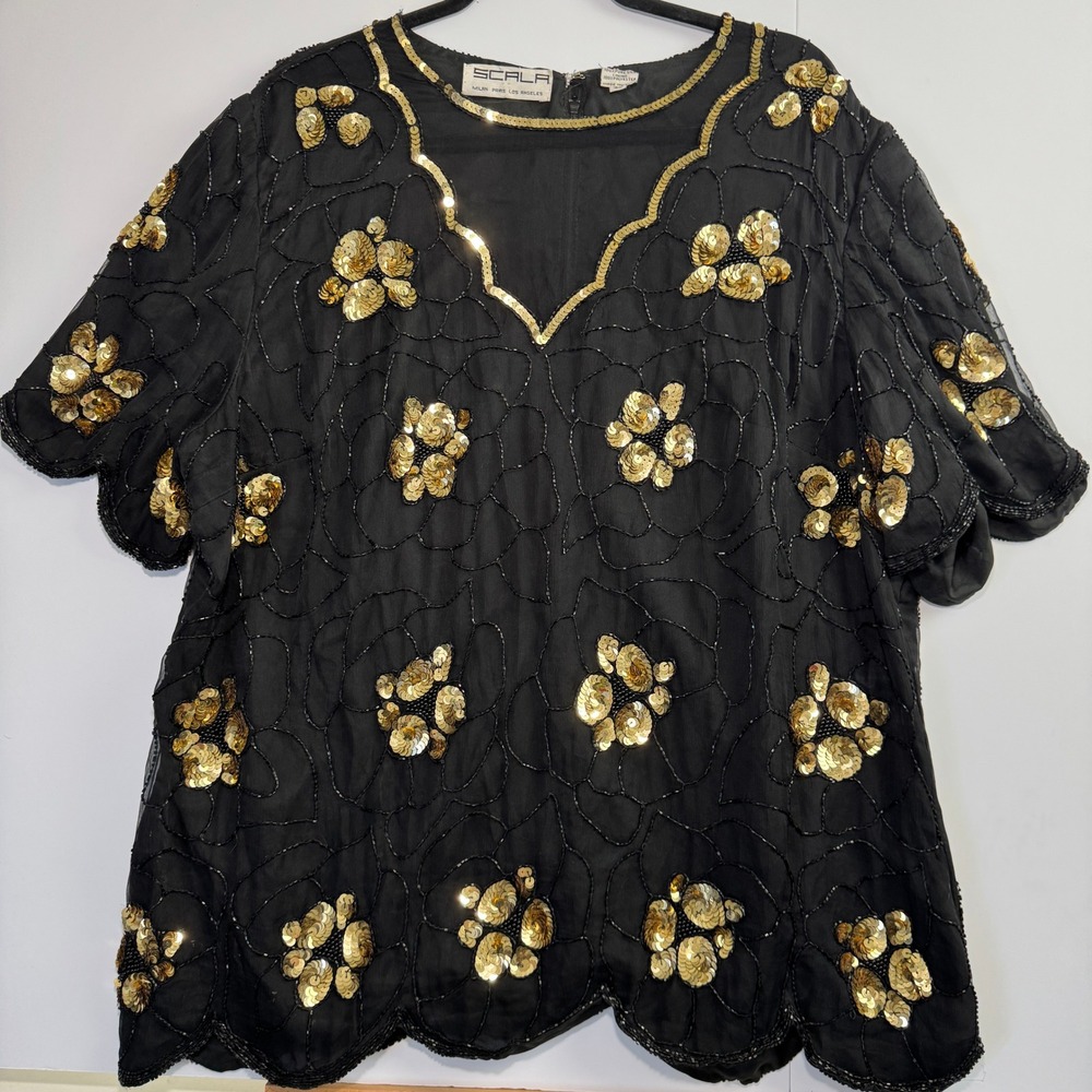 Scala Vintage Silk Beaded Sequin Floral Blouse Black Gold Evening Top 3X India